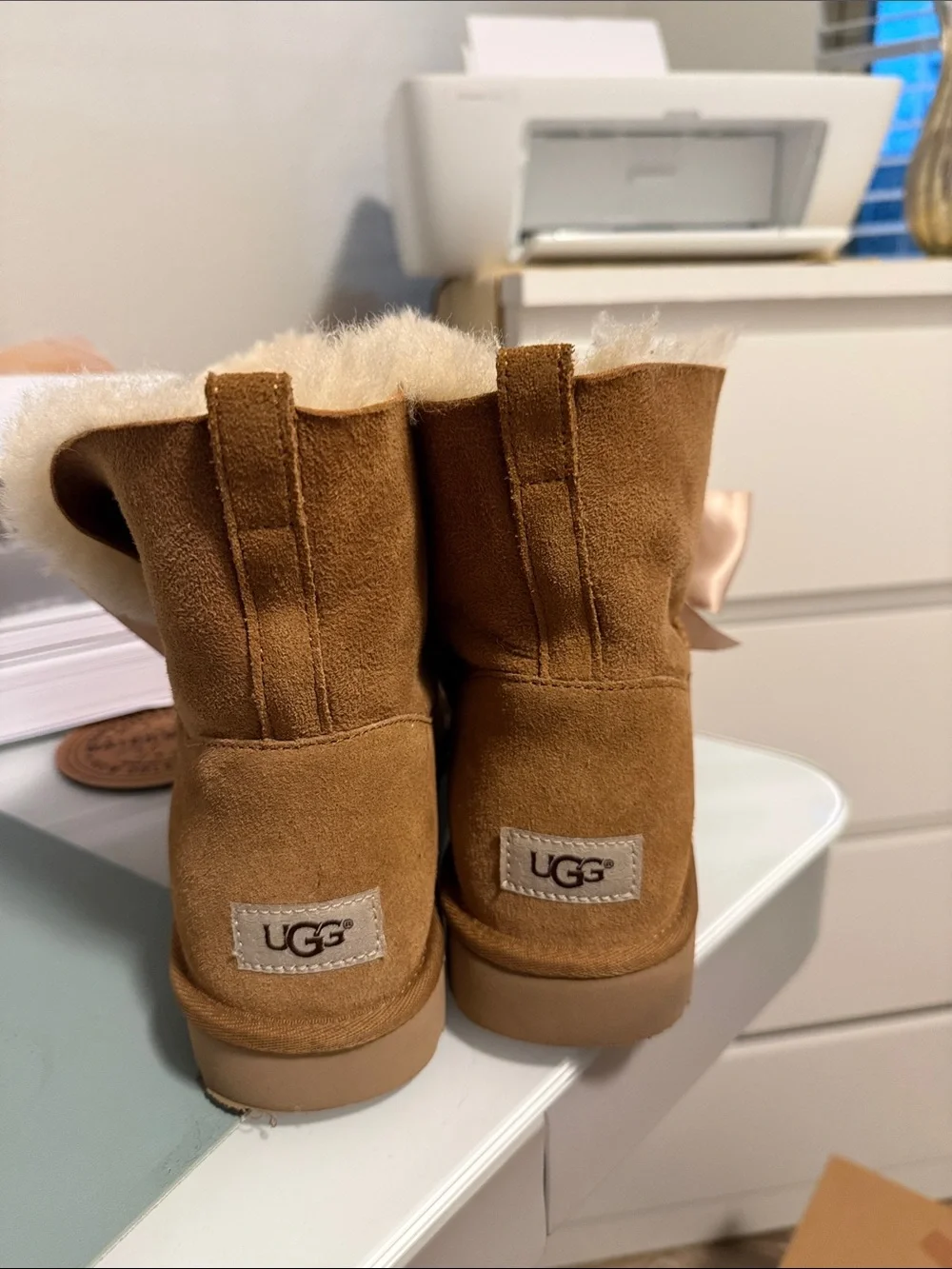 Ugg Plush Lined Bow Accent Women’s Ankle Boots - Chestnut